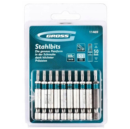 Zestaw bitów TORX TX15, długość 50 mm, stal S2, 10 szt. GROSS