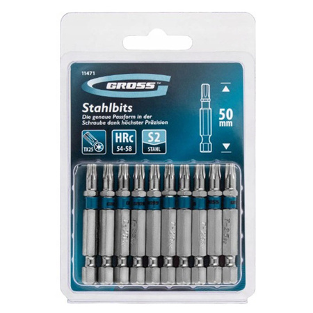Zestaw bitów TORX TX25, długość 50 mm, stal S2, 10 szt. GROSS